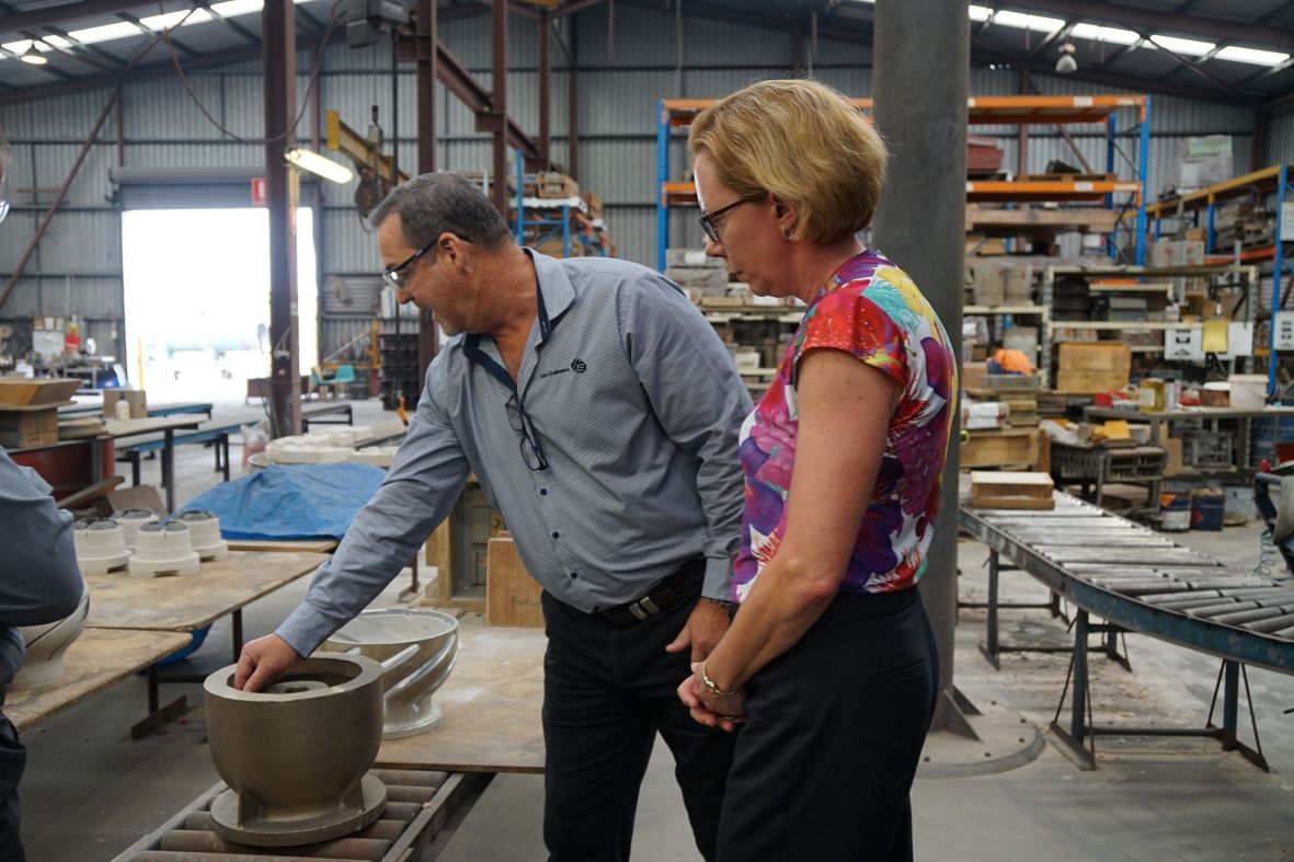 Duncan Allen taking Kerry Skellern on a tour of the Galvin Engineering foundry (Galvin Machined Casting)